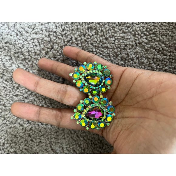 Clip on Aurora stud big rainbow earring teardrop rainbow vintage rhinestone - Picture 4 of 7